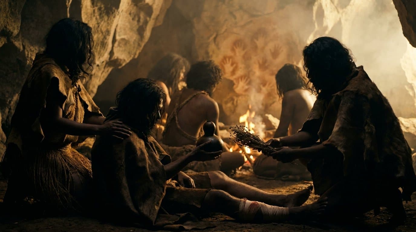 People in a painted cave tending an injured child by firelight